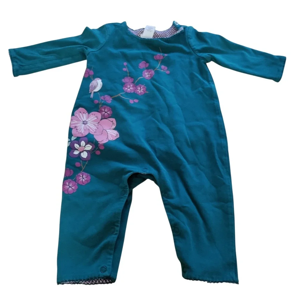 Tea Collection Teal Blue Floral Bird Cotton Romper 3-6 Months Long Sleeve 5326